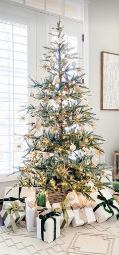 a decorated christmas tree with presents under it