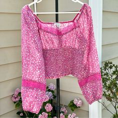 Nwt American Eagle Floral Blouse - Size: Small - Retail: $50 - Color: Pink / Magenta - Brand New, Never Worn Spring Long Sleeve Fitted Peasant Top, Fitted Long Sleeve Peasant Top For Spring, Pink Long Sleeve Peasant Top For Spring, Fitted Floral Print Peasant Top For Spring, Fitted Long Sleeve Peasant Top For Vacation, Pink Long Sleeve Peasant Top For Summer, Pink Fitted Casual Peasant Top, Fitted Peasant Top For Spring Vacation, Fitted Long Sleeve Peasant Top For Day Out