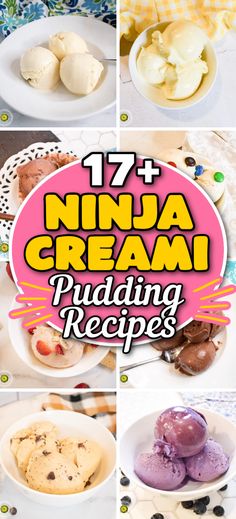 different types of ice creams in bowls and on plates with the words 17 + ninja cream pudding recipes