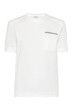 Research on the best materials elevates the sporty flavor of the pure cotton jersey inspired by the male wardrobe. The fabric is comfortable, lightweight and extremely pleasing to wear, perfect for every season. Crew-neck Patch chest pocket Nickel-free monili decoration White Jersey Athleisure Top, White Jersey Tops For Athleisure, Sporty Cotton Jersey Crew Neck Top, White Tops With Ribbed Neckline For Work, Summer Jersey Crew Neck Top, Sporty Cotton T-shirt For Work, Crew Neck Athleisure Tops For Work, Sporty Cotton Tops For Work, Athleisure Crew Neck Top For Work