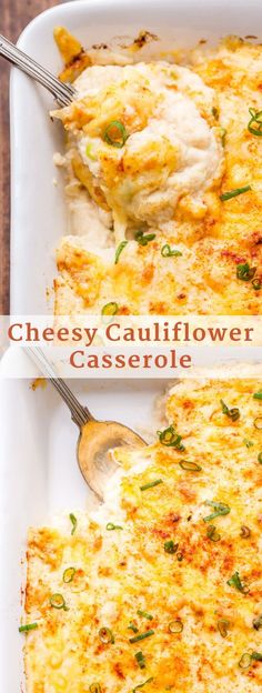 cheesy cauliflower casserole in a white dish