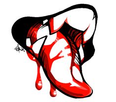 a red shoe with dripping blood on it