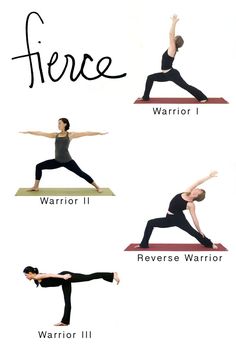 an image of a woman doing yoga poses for the warrior pose, which includes four different positions