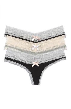 Indulge in ultrasoft, low-rise hipster thongs trimmed with scalloped lace. Pack of three 95% rayon, 5% spandex Machine wash, line dry Imported Lingerie Pretty Lingerie, Lace Thong, Bra And Panty Sets, Scalloped Lace, Honeydew, Fashion Advice, Baby Fashion, Low Rise, Heather Grey