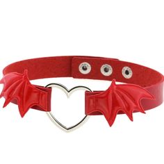 Adorable Vegan Faux Leather Bat Wing Choker Adjustable Festival Rave Red Wings With Red Collar Snap Closure One Size Fits Most All Of My Items Are Either One-Of-A-Kind, Vintage, Gently Worn Or Made In Very Limited Quantities, So If Something Catches Your Eye, Snap It Up Before Someone Else Does. Trendy Red Halloween Jewelry, Trendy Red Jewelry For Halloween, Red Leather Jewelry For Party, Harajuku Necklace, Cute Wings, Red Choker Necklace, Emo Accessories, Red Goth, Red Choker