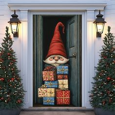 the door is decorated with christmas presents and trees in front of it, as well as a gnome's hat