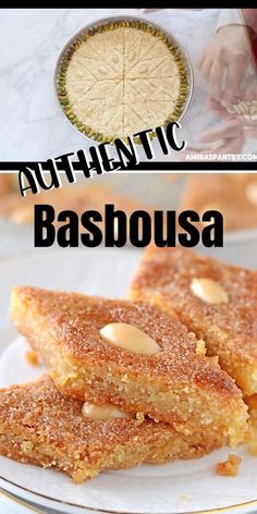 an image of some desserts on a plate with the words authentic babousa