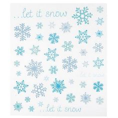 blue snowflakes on white paper with let it snow written in the center and below