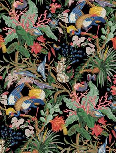 a wallpaper with birds and flowers on black, red, green, yellow and blue colors