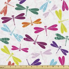 a white background with colorful dragonflies on it