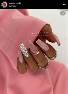 Nude And Silver Acrylic Nails, Short Coffin Nails, Glam Nails, Hot Nails, Orange Nails, Silver Nails, Autumn Nails