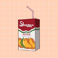 a carton of mango juice with a straw sticking out of it's top