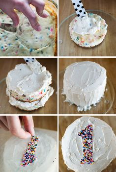 the steps to make a cake with frosting and sprinkles