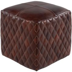 a brown leather ottoman with diamond stitching on the top and bottom, sitting in front of a white background