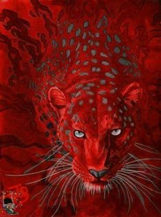 a painting of a red leopard with blue eyes