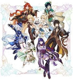 an image of some anime characters with different outfits and hair colors, all dressed up