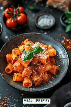 pasta with tomato sauce and parmesan cheese in a bowl on a black table