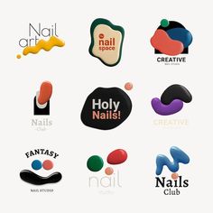 the logos for nail salons are designed in different colors and shapes, including black, red, green, blue, yellow