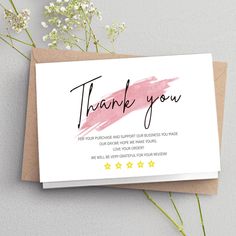 a thank card with the words, thank you on it and stars in pink ink