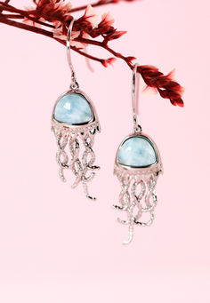 Jellyfish Larimar dangle drop earrings in sterling silver Ocean-inspired Sterling Silver Dangle Earrings, Ocean-inspired Sterling Silver Drop Earrings, Silver Larimar Dangle Jewelry, Silver Larimar Dangle Earrings, Sterling Silver Ocean-inspired Earrings With Ear Wire, Unique Jellyfish, Jellyfish Earrings, Cute Jellyfish, Larimar Jewelry