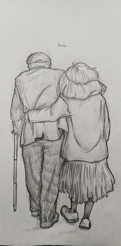 an old man and woman walking down the street with canes on their backs, back to back