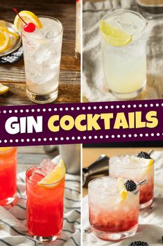 four different types of gin cocktails on a table