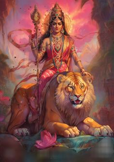 the goddess sitting on top of a lion