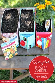 three flower pots sitting on top of a wooden bench next to flowers and seed packets