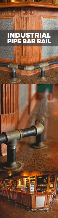 there are two pipes on the side of this wooden table that is made out of wood and metal