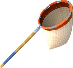 an orange and white plastic bucket with a blue handle is shown in the shape of a baseball bat