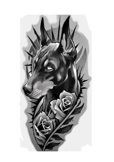 a black and white drawing of a dog with roses on it's side, in the shape of a tattoo