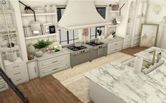 Bloxburg Open Kitchen Ideas, Modern Suburban House Interior, Suburban Bloxburg Kitchen, Suburban Kitchen Ideas, Suburban House Bloxburg Interior, Big Bloxburg Kitchen Ideas, Kitchen Interior Bloxburg, Bloxburg Suburban Interior, Kitchen Ideas Bloxburg Realistic