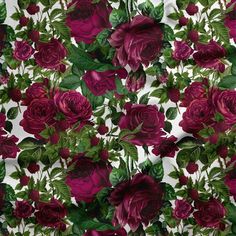 a white background with red roses and green leaves on the bottom right corner is an allover pattern