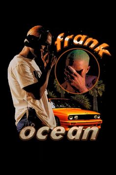 a man talking on a cell phone next to an orange truck with the words frank ocean