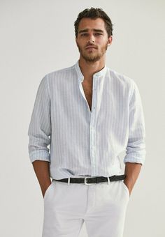 Zara Men Outfits, Summer Smart Casual, Mens Linen Outfits, Striped Shirt Men, Menswear Details, Collarless Shirt, Striped Linen Shirt, Linen Fashion, Guys Clothing Styles