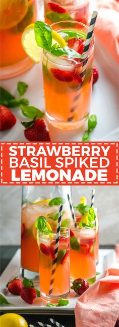 strawberry basil lemonade is served in glasses with strawberries and limes on the side