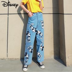 Disney Mickey Mouse Printed Baggy Jeans Y2K Women's Low Waist Jeans New Spring Autumn Oversize Wide Low Waist Jeans, Mouse Print, Jeans Y2k, Waist Jeans, Casual Trousers, Baggy Jeans, Low Waist, Disney Mickey Mouse, Disney Mickey