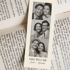 an open book with two photos on it and the words save the date written in black