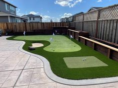 Once you’ve prepared the surface for the best putting greens, the hard work is almost done. Here’s how to get it right, DIY style! Backyard Playground Turf, Turf Area Backyard, Mini Putt Putt Backyard, Diy Putt Putt Course, Turf Landscape Ideas, Chipping Green Backyard, Backyard Putt Green, Backyard Chipping Green