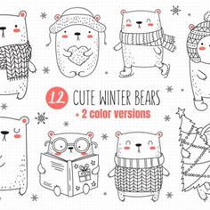 twelve cute winter bears with different outfits