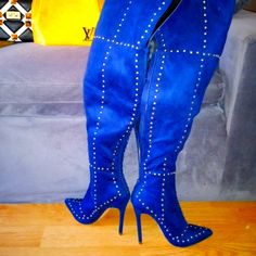 Luxury And Casual Very Nice Piece To Have In Your Closet Unfortunately It Didn't Fit Me Blue Leather Heels For Winter, Fitted Blue Closed Toe Boots, Royal Blue Shorts, Velvet Boots, Leather Heeled Boots, Thigh Boot, Platform High Heels, Boot Brands, High Heel Boots