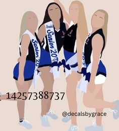 three women in cheerleader outfits are posing for a photo with the words decalsby grace on them