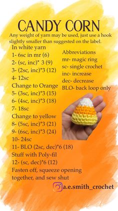 Free crochet pattern for small candy corn. Fall Crochet Patterns, Quick Crochet Patterns, Halloween Crochet Patterns, Crochet Design Pattern, Beginner Crochet Projects, Crochet Amigurumi Free Patterns, Crochet Amigurumi Free