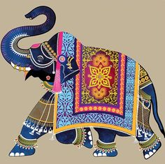 an elephant painted with colorful designs on it's body