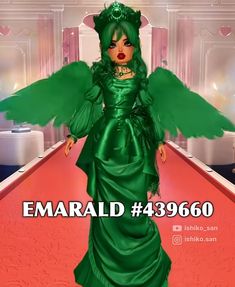 an animated image of a woman dressed in green with wings on her head and dress