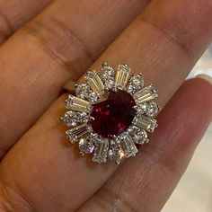 Halo Wedding Ring, Red Ruby Oval Cut Gemstone Ring, Round & Baguette Cut Engagement Ring, Wedding Gift-For Her, Handmade Jewelry, 925 Silver Diamond- Simulant Diamond  Diamond Cut- Oval , Round & Baguette Cut Metal Customization: White gold: 10k/14k/18k yellow gold: 10k/14k/18k rose gold: 10k/14k/18k silver: 925 sterling silver Choose Your Ideal Size... * Personalize your ring size within the range of US 4 to US 12! Note that size adjustments may impact the final price. * Main Stone & Shape Options: Main Stone: Select from Cubic Zirconia, Moissanite, Natural Diamond, or CVD Diamond. Shape Choices: Pick from Round Cut, Heart, Princess Cut, Pear Cut, Cushion Cut, Marquise, Oval Shape, Asscher, Emerald, Radiant, Old European Cut, or Old Mine Cut. * Special Notes: During checkout, leave a mess Ruby And Diamond Engagement Ring, Cushion Cut Engagement Ring With Halo, Red Engagement Ring, Ruby Engagement Ring Set, Diamond And Ruby Ring, Halo Wedding Ring, Red Ring, Wedding Rings Halo, Cvd Diamond