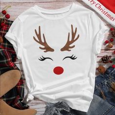 S 4 M 6 L 8/10 Xl 12 Cute Reindeer Face. Print On White Soft Tee. Material Is Cotton And Polyester Reindeer Shirt, Christmas Print, Crew Shirt, Love T Shirt, Graphic Tee Shirts, Crew Neck Tee, Plus Size T Shirts, Top Casual, Dye T Shirt