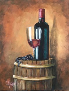 a painting of a wine glass and bottle next to a barrel with grapes on it