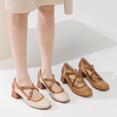 They have round toes. full grain leather and color blocking upper, cross-strap and 45mm block heel. Color: Beige/BrownMaterial: Full grain leatherLining: Genuine LeatherInsole: Genuine Leather（Unmovable）Sole: RubberHeels: 4.5 cm/1.77"Fit: Medium to Wide, Runs Normal.Origin: Made in China Production Time: About 7-10 days (Any exceptional case will email you, Please pay attention to your email left) Shipping Time: Free Shipping To most locations, delivery time is approximately 5-15 days; We have paid FedEx Option, to most locations, delivery time is approximately 2-8 days. Great Shoes To Spice Up Any Outfit, From Casual Jeans To Fancy Dress. The More You Wear Them, The More Comfortable They Will Become! Item No. Dwarves2970 Jane Shoes, Mary Jane Shoes, 8 Days, Beige Brown, Cross Straps, Casual Jeans, Full Grain Leather, Fancy Dress, Pay Attention