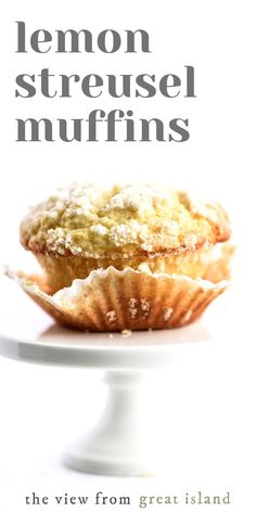 the cover of lemon streusel muffins is shown on a white plate